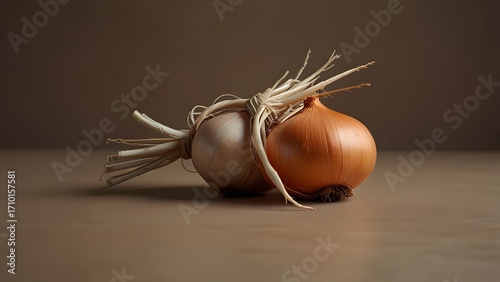 A small bunch of whole yellow onions, a raw vegetable ingredient known as bawang bombay which has been freshly harvested, is artfully arranged as a still life. Healthy cooking and food preparation con