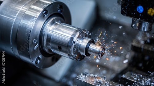 Close-Up of CNC Machine Tool Engaging in Metal Cutting Process with Sparks and Shavings Flying in Manufacturing Workshop