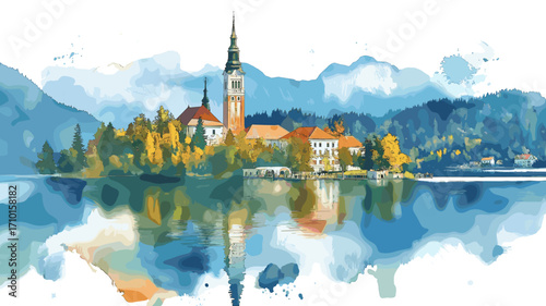 Lake Bled. Lake Bled watercolor vector illustration