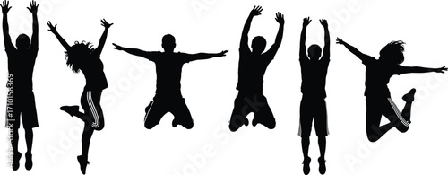 Silhouettes of people jumping with arms raised, showing energy, freedom, joy, teamwork, movement, celebration, athletic motion, active lifestyle, excitement.