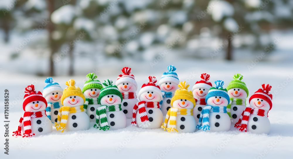 Naklejka premium Festive gathering: a whimsical collection of colorful snowmen in a winter wonderland