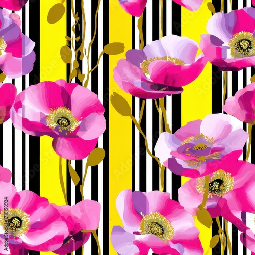 Vibrant Floral Pattern with Pink Poppies on Yellow and Black Striped Background.