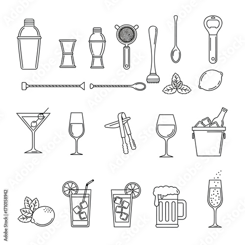 A collection of line art illustrations of bar tools, cocktails, and drinks, including shakers, strainers, spoons, glasses, and ice buckets.