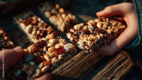 A person is holding a piece of food that looks like a bar. The food is made of nuts and raisins