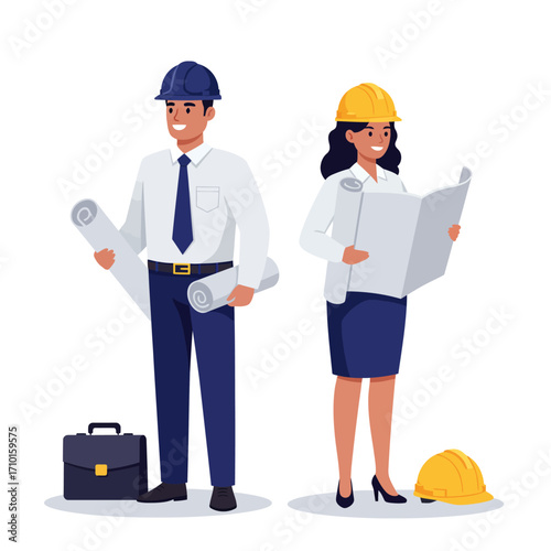Vector illustration portraits of a young male and female architect