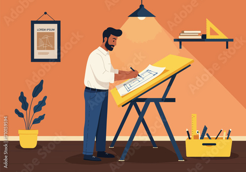 The architect is drawing and finishing his work