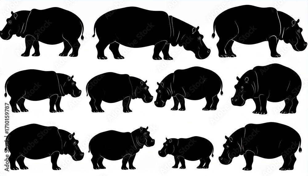 Fototapeta premium Collection of bold black hippopotamus silhouettes in various poses on white background