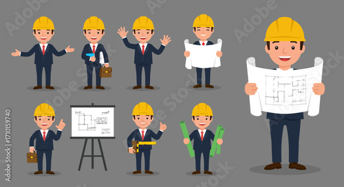 Vector set of diverse cartoon architect people, men