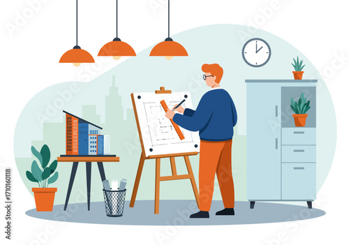 A male architect is drawing a series of buildings.
