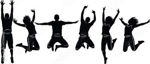 Silhouettes of people jumping with energy, excitement, celebration, active lifestyle, youth motion, dance, happiness, success, team fun, movement, joy.