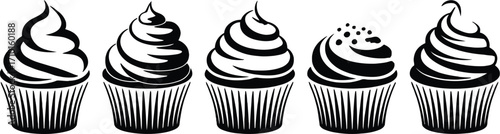 A delightful line of five frosted cupcakes, ready for celebration