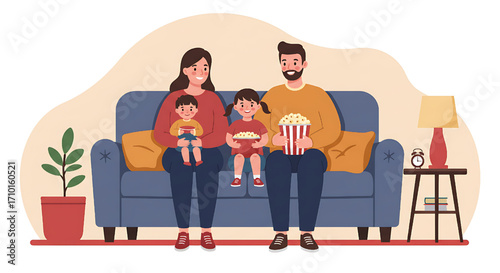 Family watching movie at home on couch with popcorn and children happy time