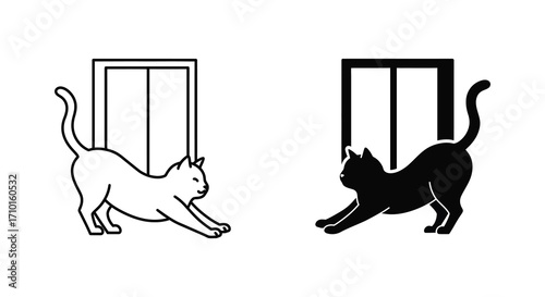 Two contrasting cats stretching toward open doorways in a minimalist design
