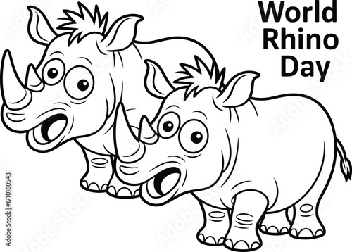 Two cute cartoon rhinos celebrating World Rhino Day with expressive faces