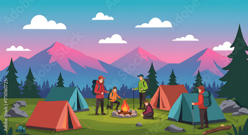 Camping in the Mountains: Campfire, Tents and Hikers enjoying Nature Landscape