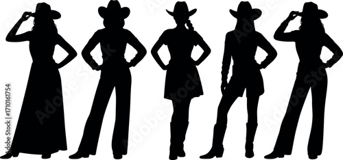 Silhouette of stylish women wearing cowboy hats and fashion outfits