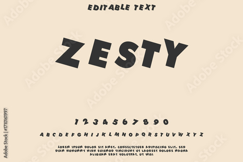 Zesty bold font with numbers and alphabet on beige background