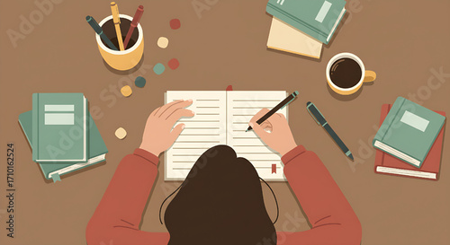 Person writing in notebook at desk with coffee, books, and pens, top view