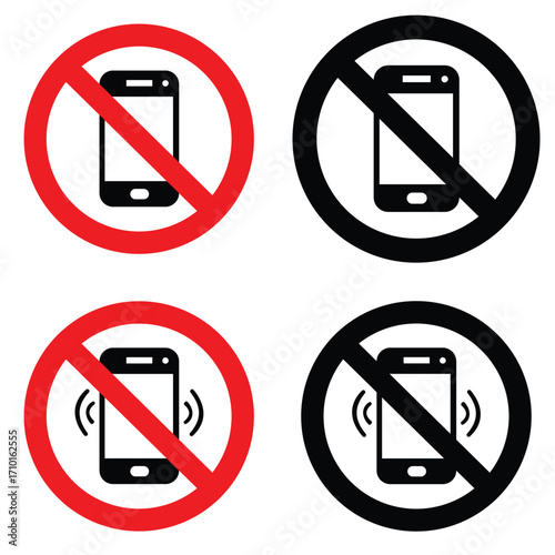 Set of vector icons warning turn off phone or silent phone mode. Vector illustration 