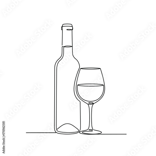 Single line drawing of a wine bottle and glass.