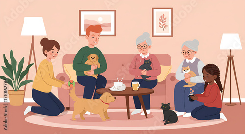 Happy people with pets indoors in a cozy living room, animal adoption concept