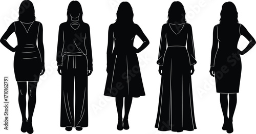 Silhouettes of stylish women wearing different dresses and outfits, standing poses, elegant female models, fashion silhouettes, modern clothing, chic style, confident posture, female figures