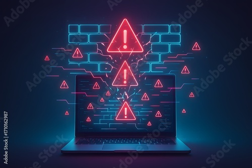 Laptop behind digital brick wall penetrated by cascading warning triangles, neon blue pink glow, concept for security breach, firewall failure, vulnerability exploitation
