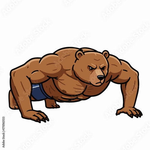 A muscular cartoon bear performing a push-up exercise, showcasing strength and fitness.