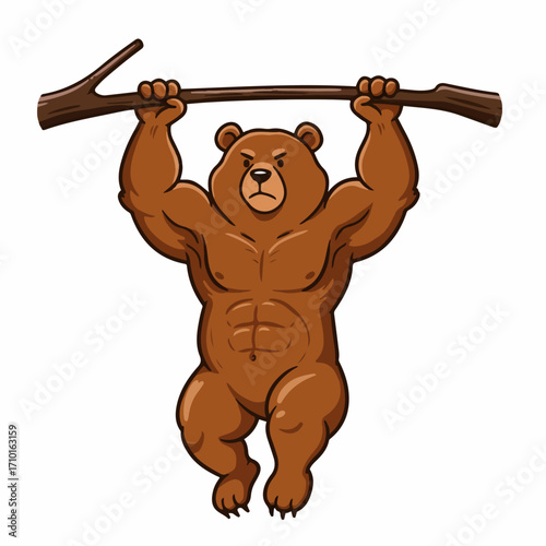 A muscular cartoon bear hanging from a tree branch, showcasing its strength and powerful physique.