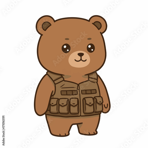 A cute cartoon brown bear wearing a tactical vest with multiple pockets.