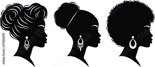 Silhouettes of three elegant African American women profiles, different hairstyles, earrings, beauty concept, black women vector, female portraits, side view illustration.