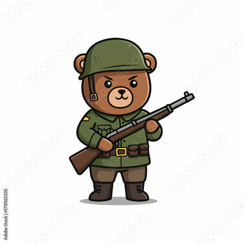 A cute cartoon bear dressed as a soldier holding a rifle, wearing a helmet and uniform.