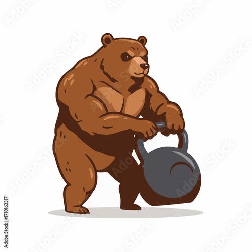 A strong, muscular brown bear is depicted lifting a heavy kettlebell, showcasing its power and fitness.