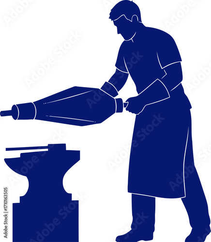 blacksmith forging metal shaping steel, anvil, hammer, silhouette, isolated on transparent background