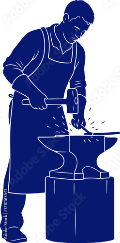 blacksmith at work blue silhouette of a craftsman forging metal, isolated on transparent background