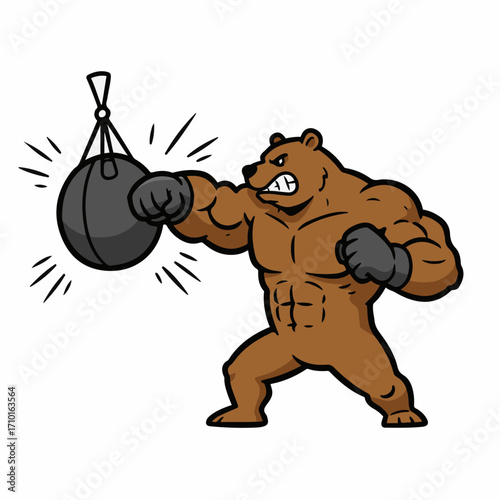 A muscular cartoon bear wearing boxing gloves is punching a heavy bag with intensity.