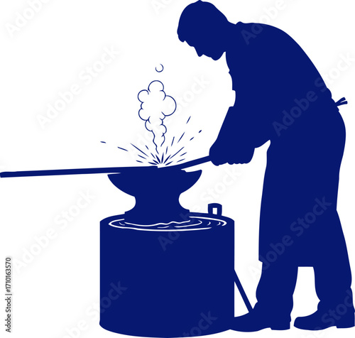 blacksmith silhouette hammering metal, forging art, isolated on transparent background