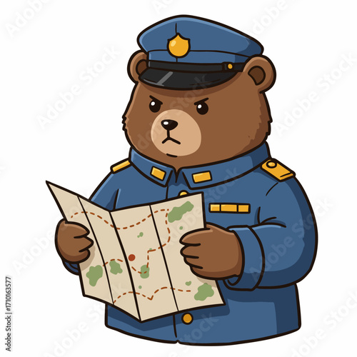 A cartoon bear dressed as a police officer, looking intently at a map.