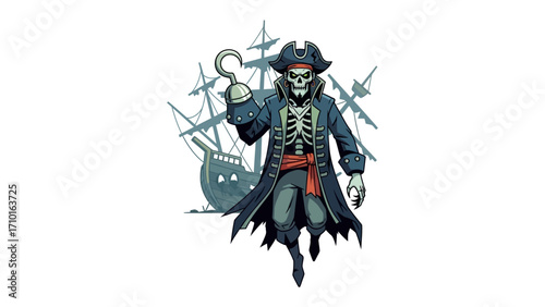 The Pirate's Haunt: An artistic rendering of a skeletal pirate with a menacing hook and a pirate ship in the background, capturing the essence of adventure and the thrill of the high seas.