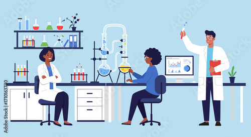 The atmosphere inside the laboratory is busy with people working.