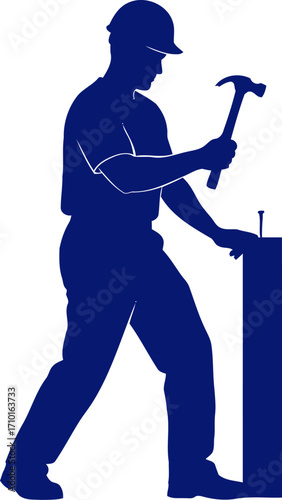 blue collar construction worker silhouette hammering nail, building dreams, isolated on transparent background