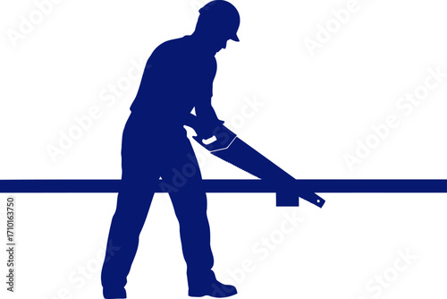 blue collar craftsman precision sawing, woodworking silhouette, construction expertise, isolated on transparent background