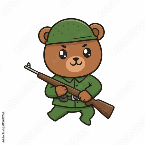 A cute cartoon bear dressed as a soldier, holding a rifle and wearing a green uniform and helmet.