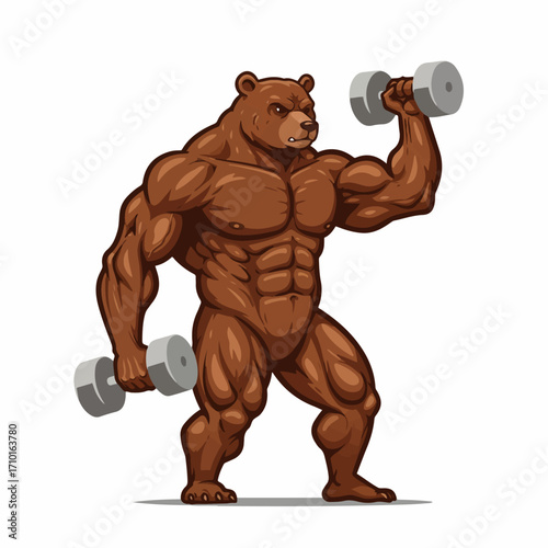 A muscular brown bear lifting dumbbells, showcasing strength and fitness.