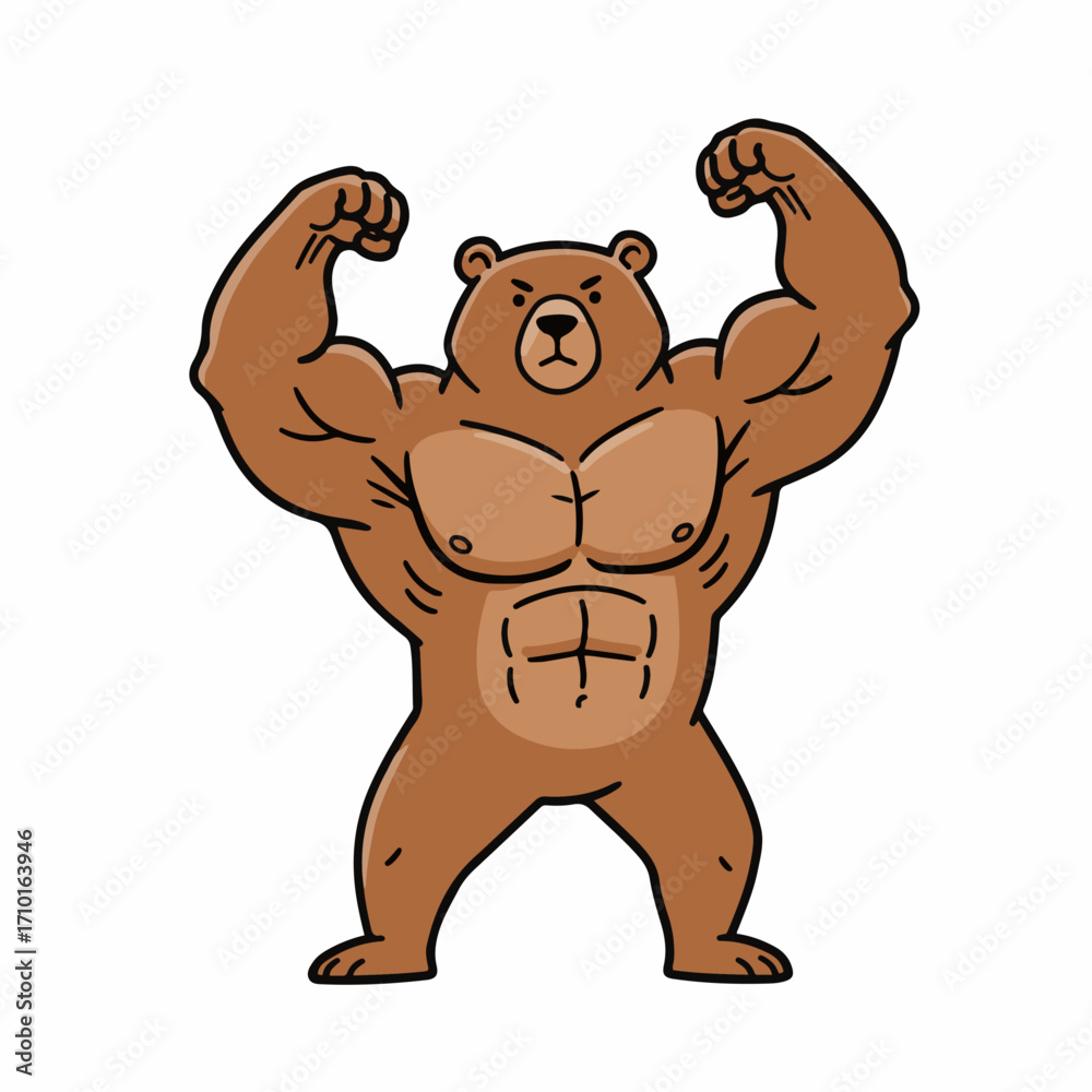 Obraz premium A cartoon illustration of a muscular brown bear flexing its biceps with a determined expression.