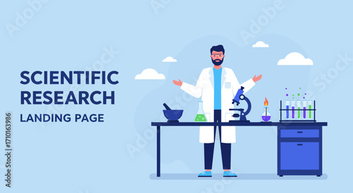 Scientific research landing page with a man researcher