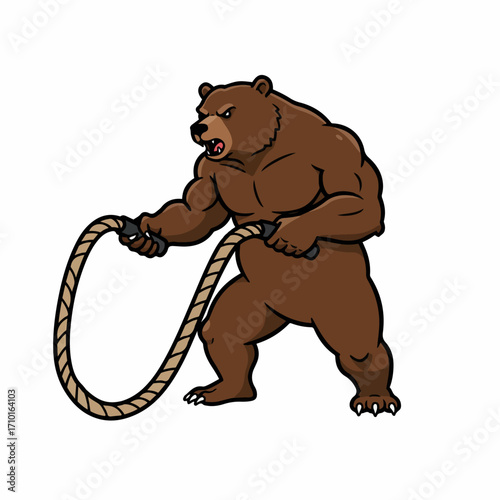 A muscular brown bear stands on its hind legs, holding a thick rope in both paws, appearing ready to swing it.