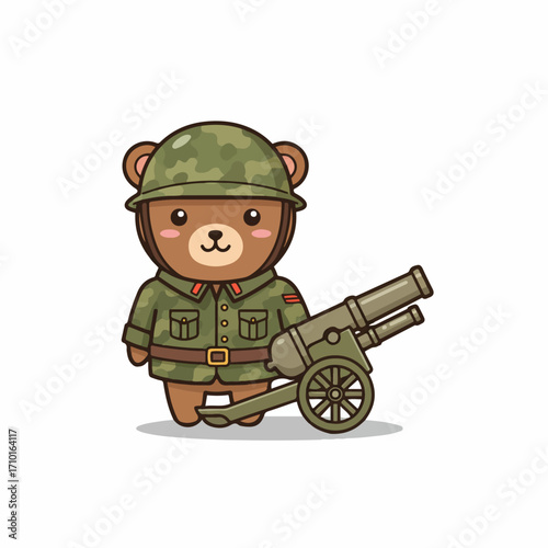 A cute cartoon bear dressed as a soldier, wearing a camouflage helmet and uniform, standing next to a small cannon.