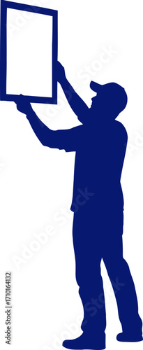 blue collar worker silhouette hanging a frame, home improvement, diy project, isolated on transparent background