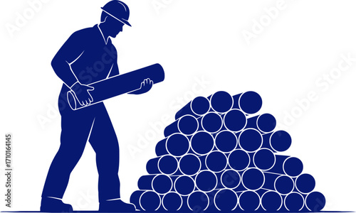 blue collar worker silhouette of a construction worker carrying pipes, isolated on transparent background